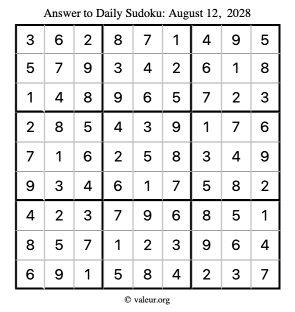 Answer to sudoku August 12, 2028