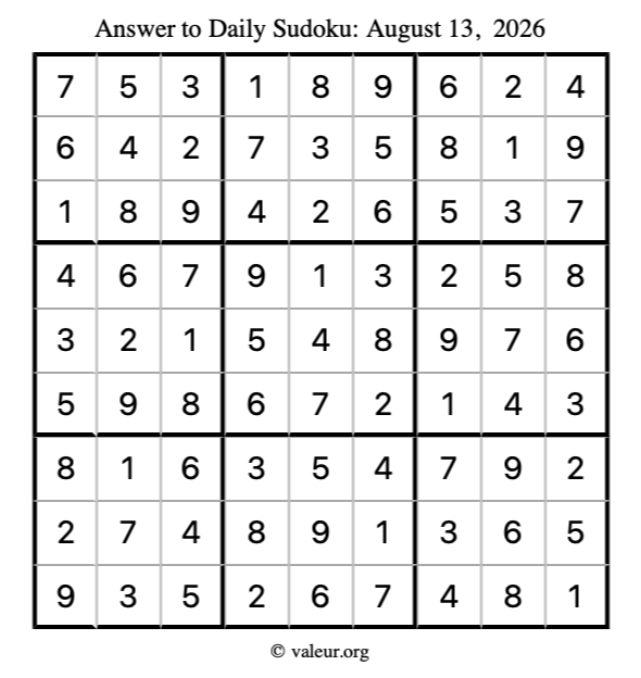 Answer to sudoku August 13, 2026