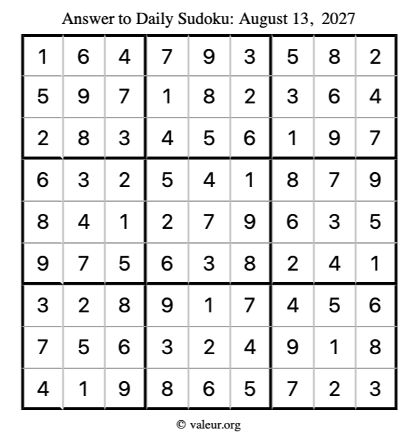 Answer to sudoku August 13, 2027