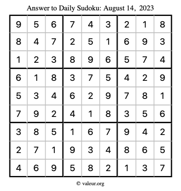Answer to sudoku August 14, 2023