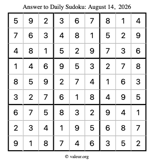 Answer to sudoku August 14, 2026