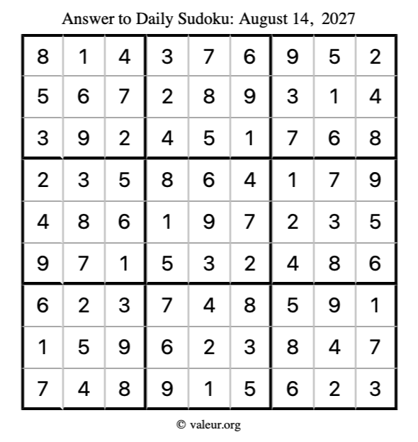 Answer to sudoku August 14, 2027
