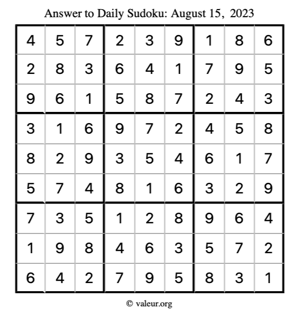 Answer to sudoku August 15, 2023