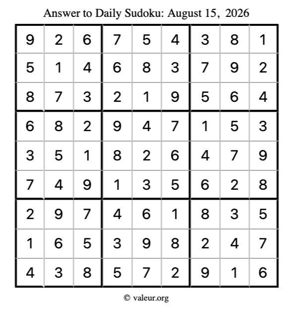 Answer to sudoku August 15, 2026