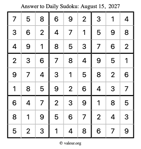Answer to sudoku August 15, 2027