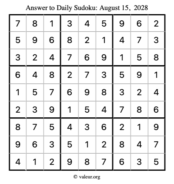 Answer to sudoku August 15, 2028