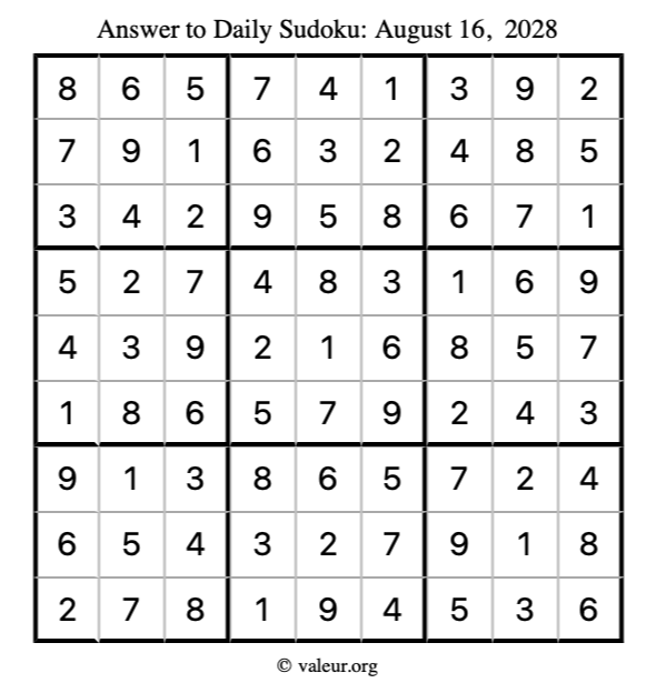 Answer to sudoku August 16, 2028