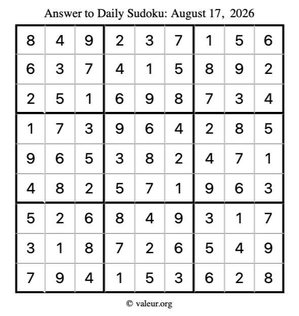 Answer to sudoku August 17, 2026