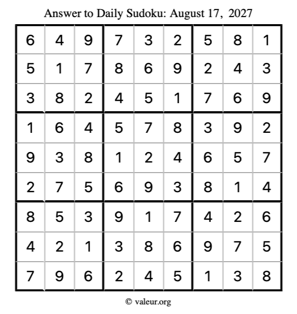 Answer to sudoku August 17, 2027