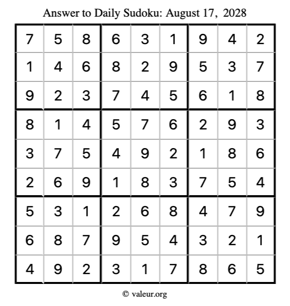 Answer to sudoku August 17, 2028