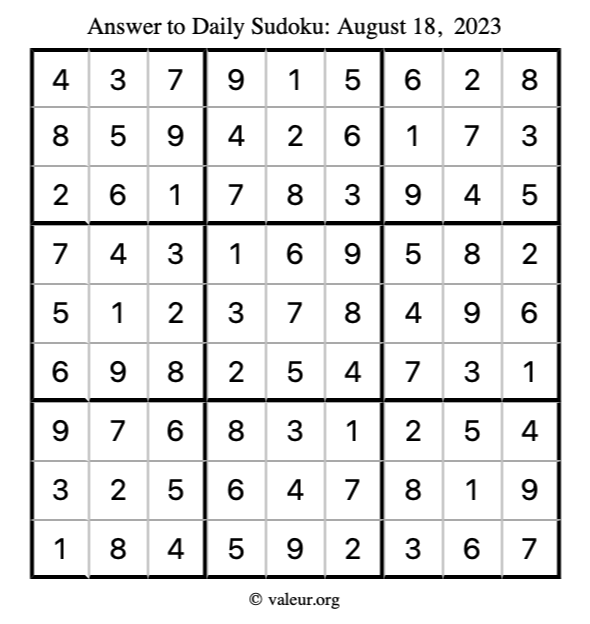 Answer to sudoku August 18, 2023