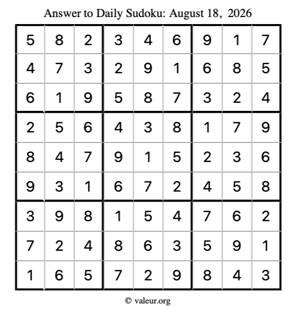 Answer to sudoku August 18, 2026
