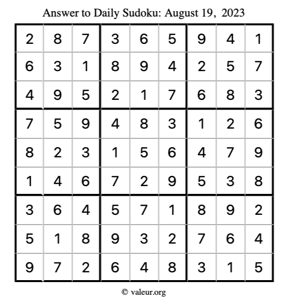 Answer to sudoku August 19, 2023