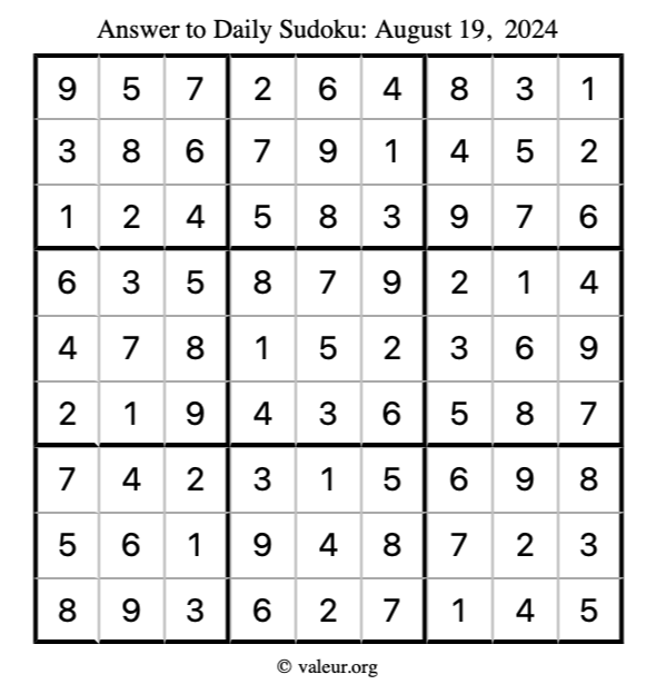 Answer to sudoku August 19, 2024