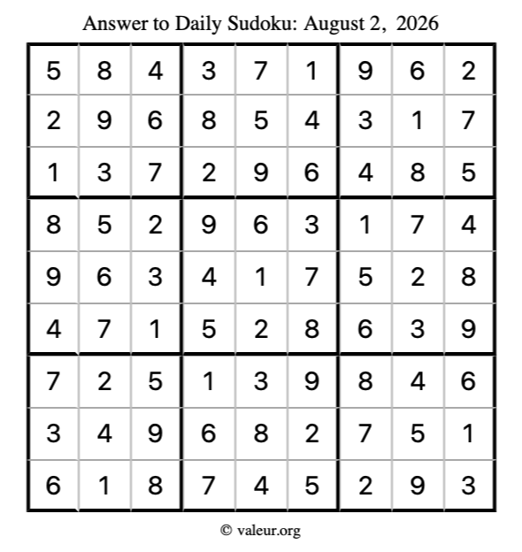 Answer to sudoku August 2, 2026