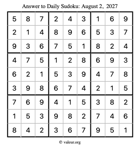 Answer to sudoku August 2, 2027