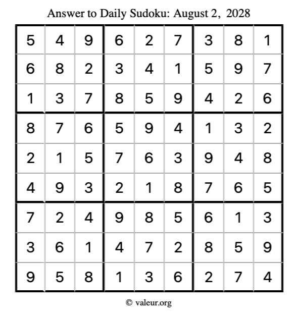 Answer to sudoku August 2, 2028