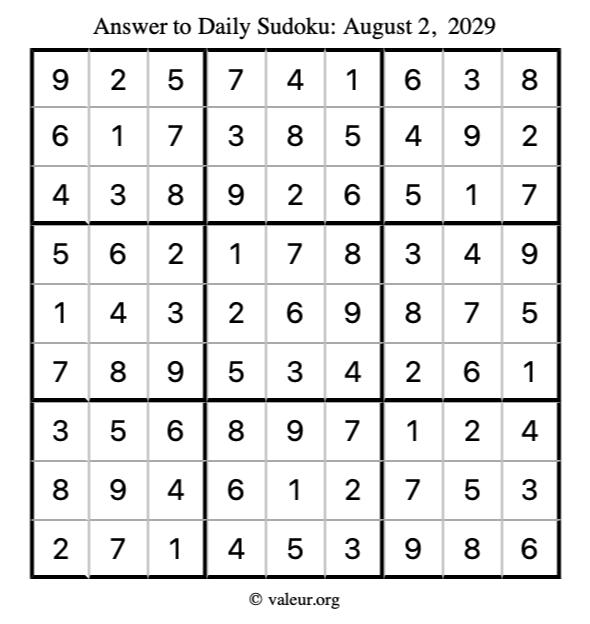Answer to sudoku August 2, 2029