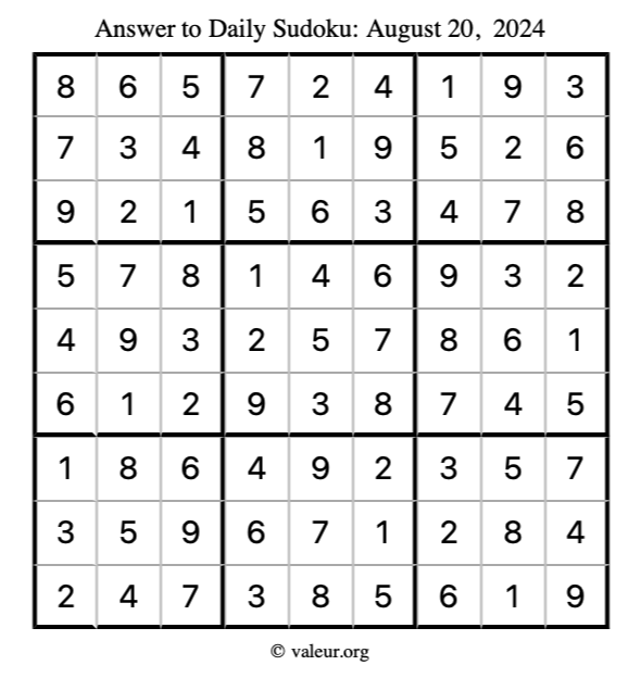 Answer to sudoku August 20, 2024