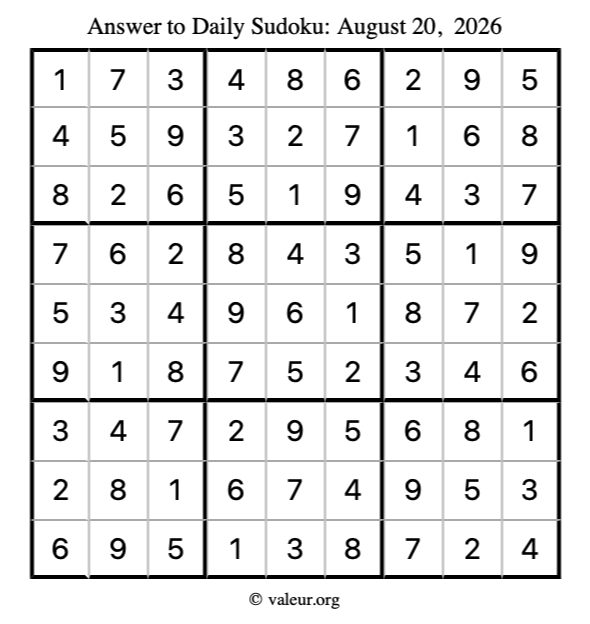 Answer to sudoku August 20, 2026