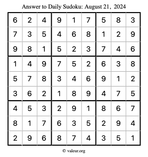 Answer to sudoku August 21, 2024