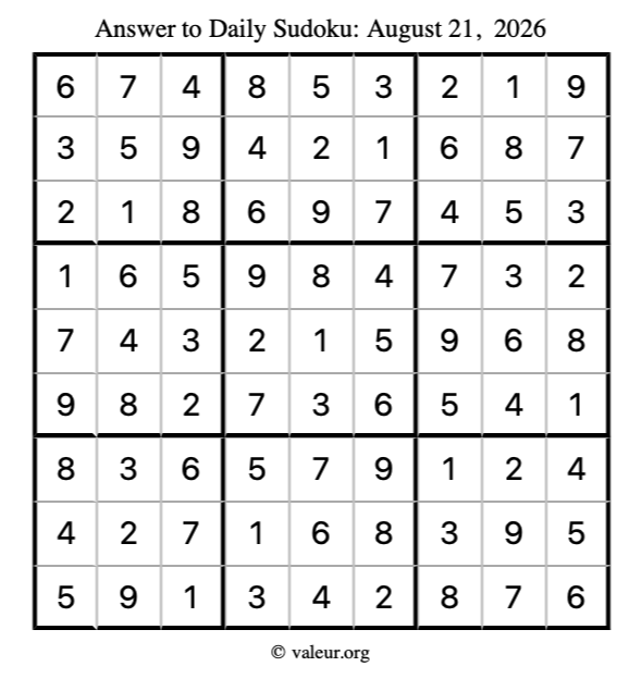 Answer to sudoku August 21, 2026