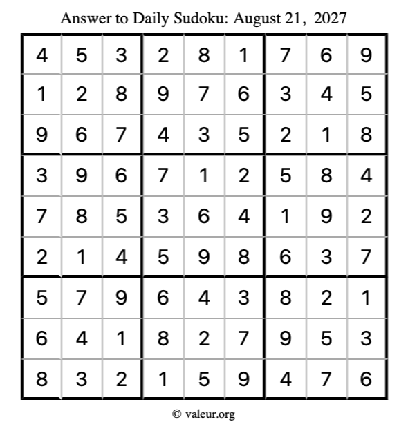 Answer to sudoku August 21, 2027