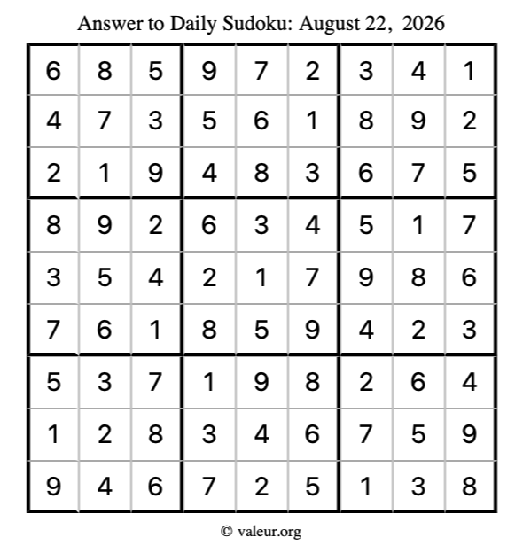 Answer to sudoku August 22, 2026