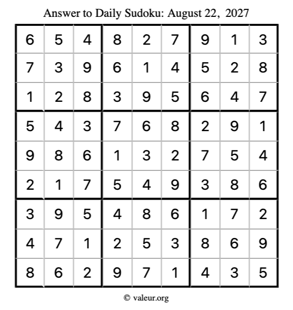 Answer to sudoku August 22, 2027