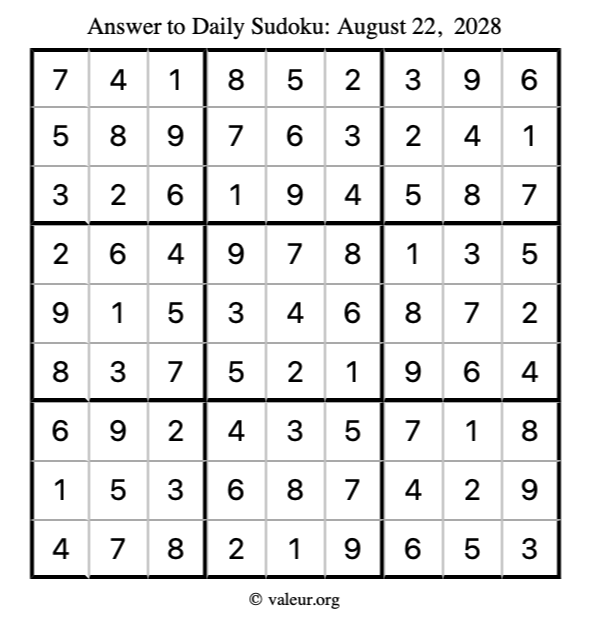 Answer to sudoku August 22, 2028