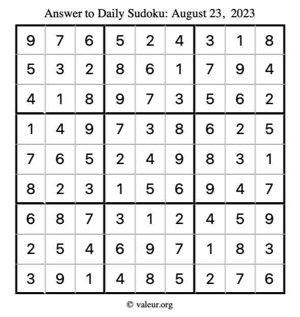 Answer to sudoku August 23, 2023