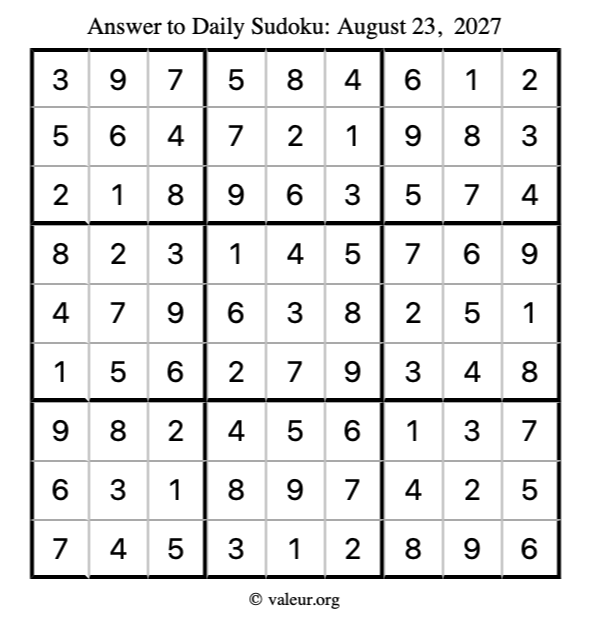 Answer to sudoku August 23, 2027