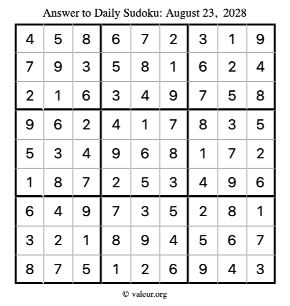 Answer to sudoku August 23, 2028
