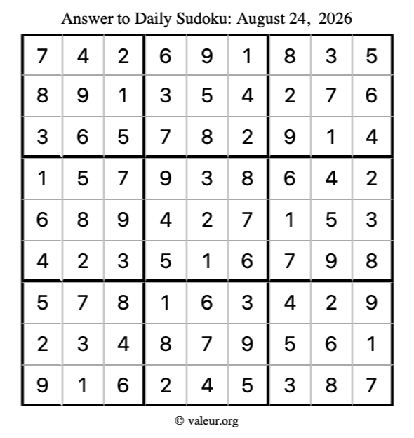 Answer to sudoku August 24, 2026
