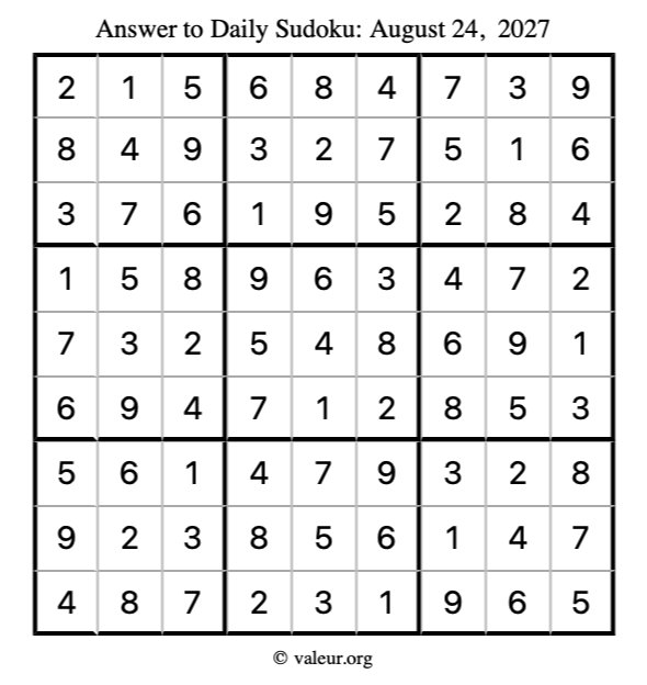 Answer to sudoku August 24, 2027