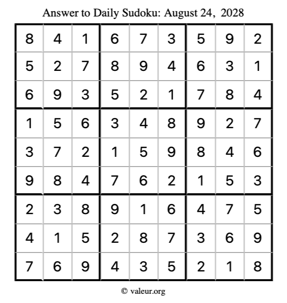 Answer to sudoku August 24, 2028