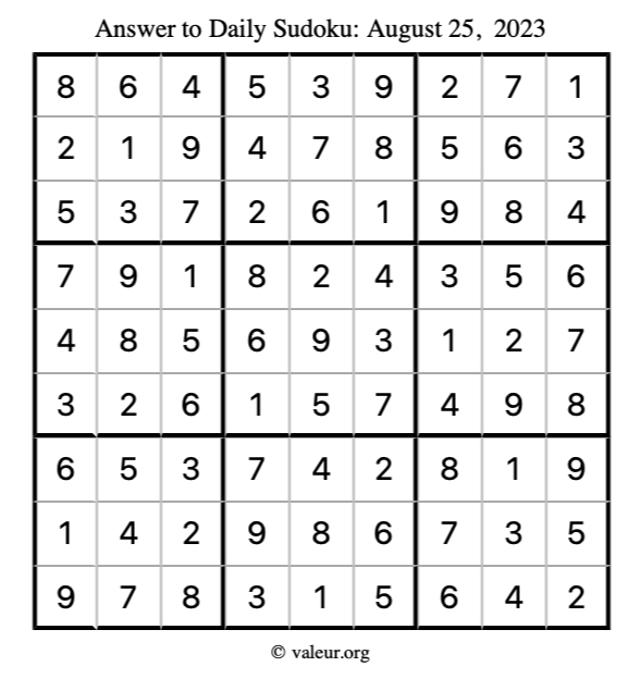 Answer to sudoku August 25, 2023