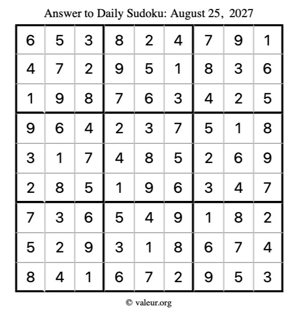 Answer to sudoku August 25, 2027