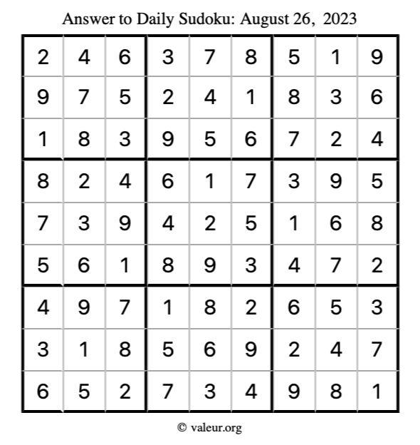 Answer to sudoku August 26, 2023
