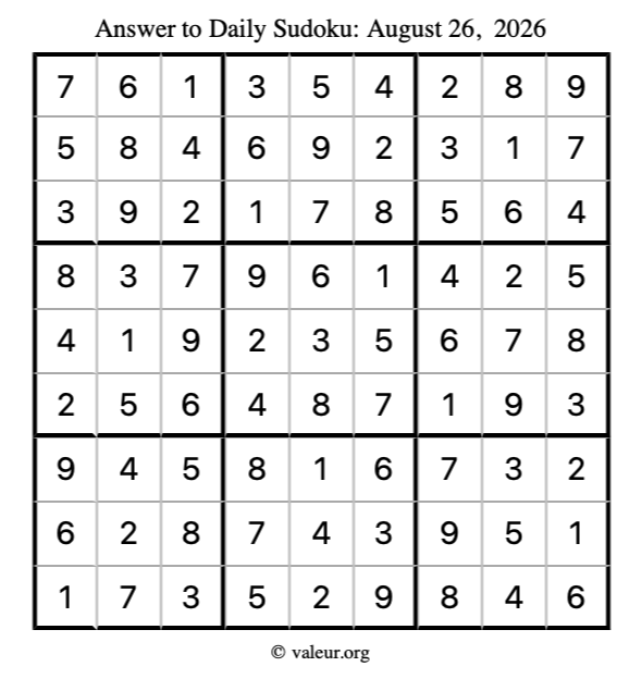 Answer to sudoku August 26, 2026