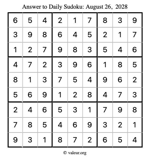 Answer to sudoku August 26, 2028
