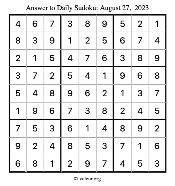 Answer to sudoku August 27, 2023