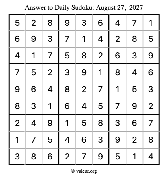 Answer to sudoku August 27, 2027