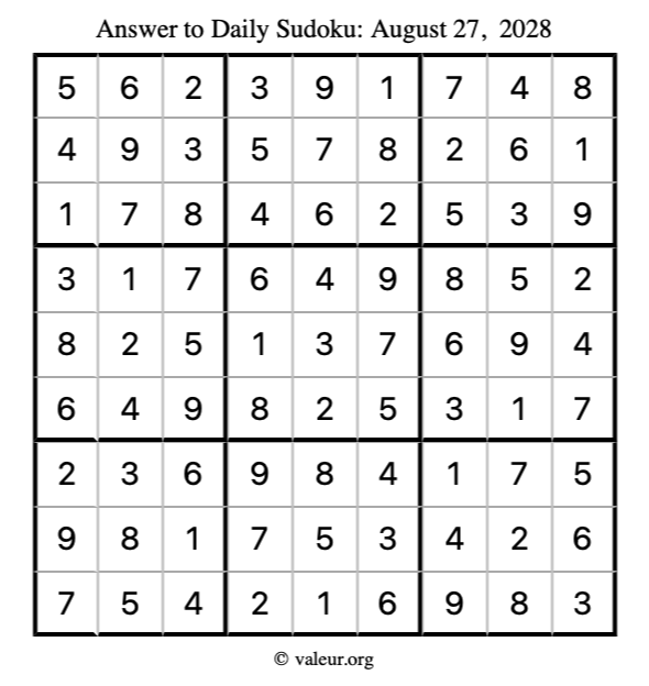 Answer to sudoku August 27, 2028