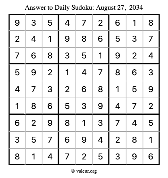 Answer to sudoku August 27, 2034