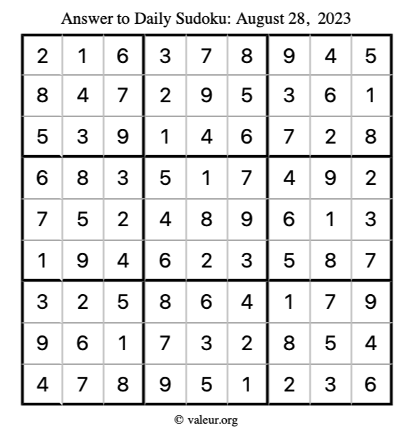 Answer to sudoku August 28, 2023