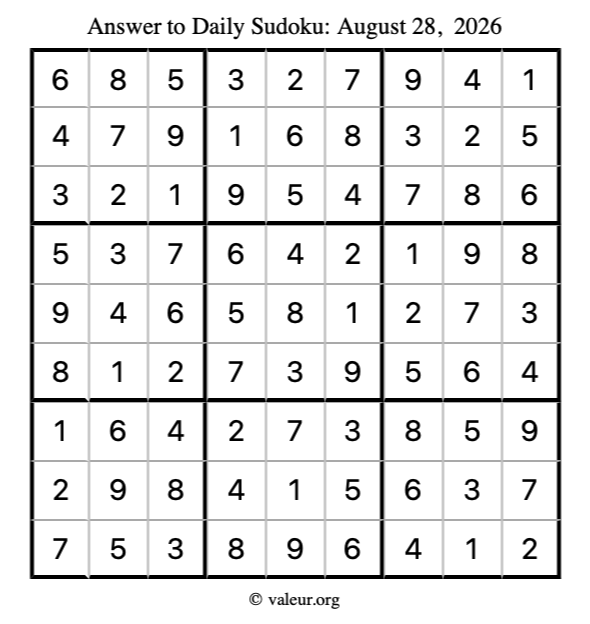 Answer to sudoku August 28, 2026