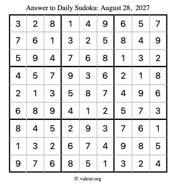 Answer to sudoku August 28, 2027