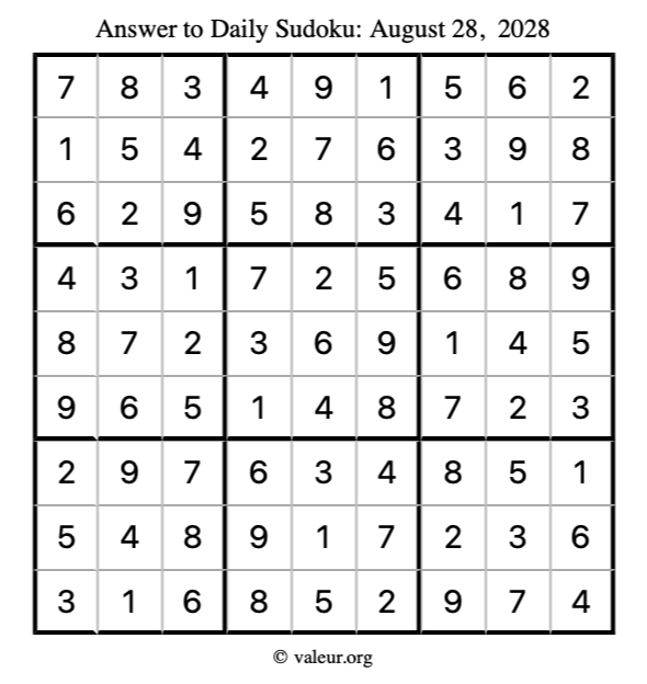Answer to sudoku August 28, 2028