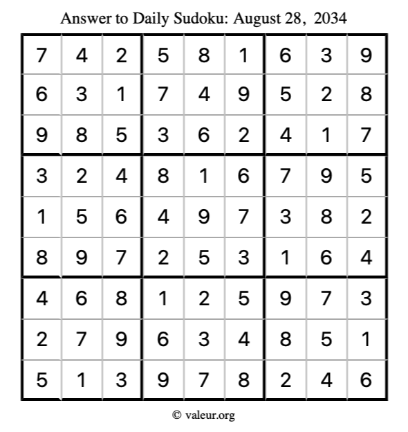 Answer to sudoku August 28, 2034